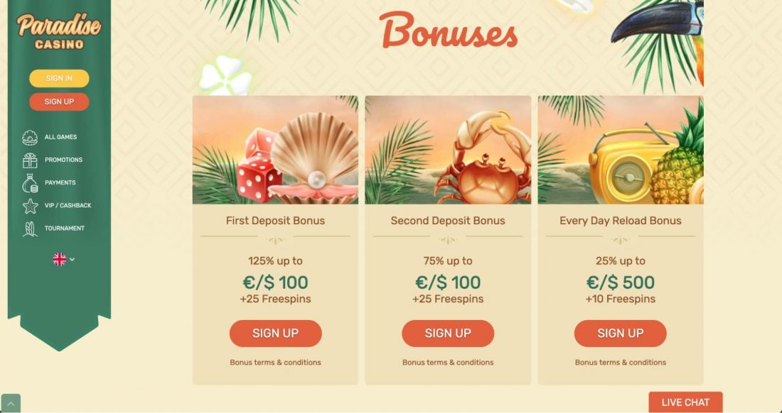 Paradise Casino Bonuses