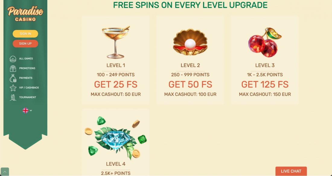 Paradise Casino Free Spins