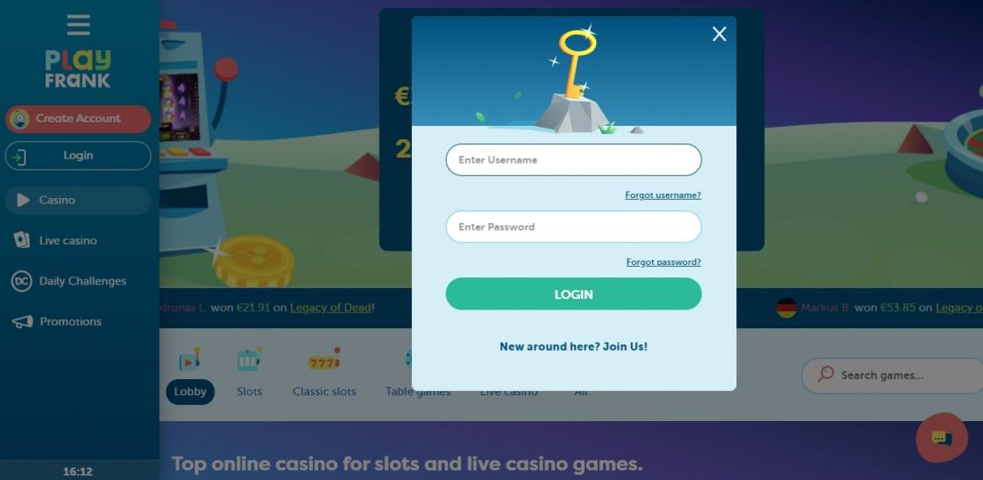 PlayFrank Login Process