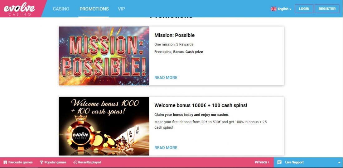 Evolve Casino promotions