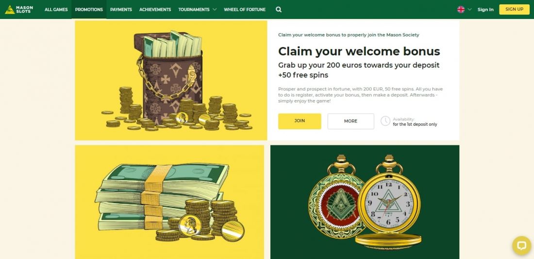 The Mason Slots casino welcome bonus