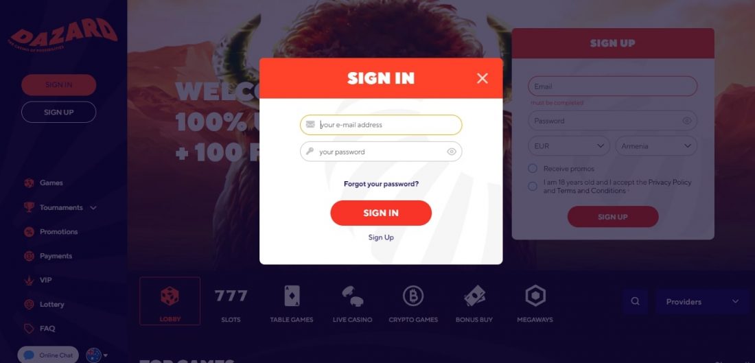 Dazard Casino Login