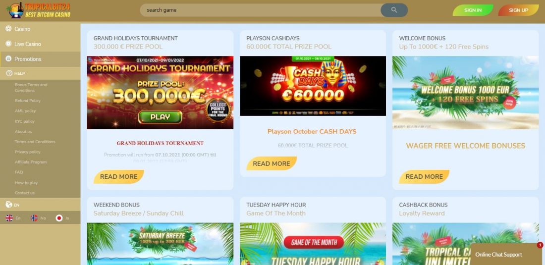 TropicalBit24 Casino Welcome Bonus