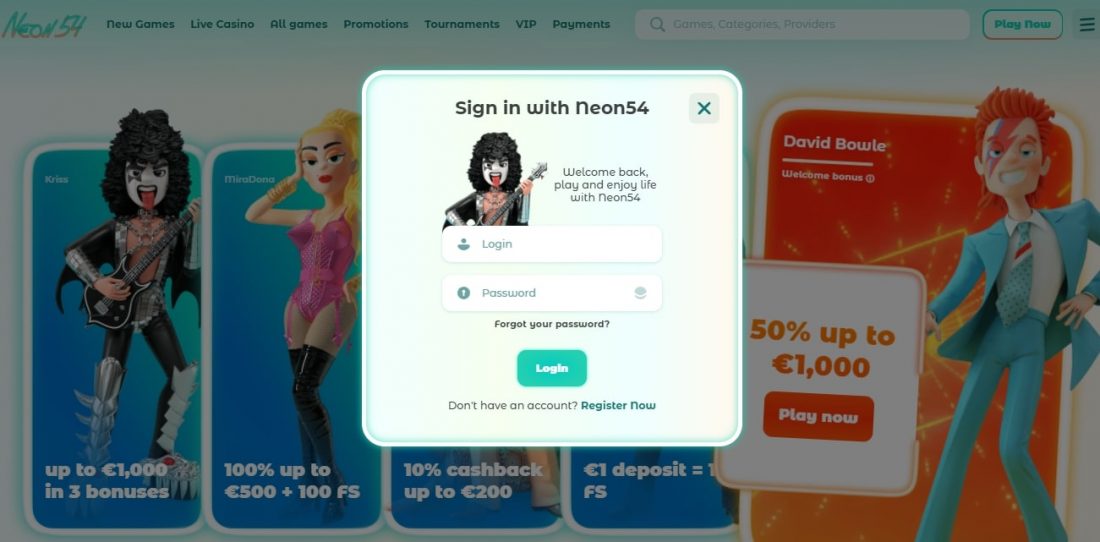 Neon54 Casino Login Process