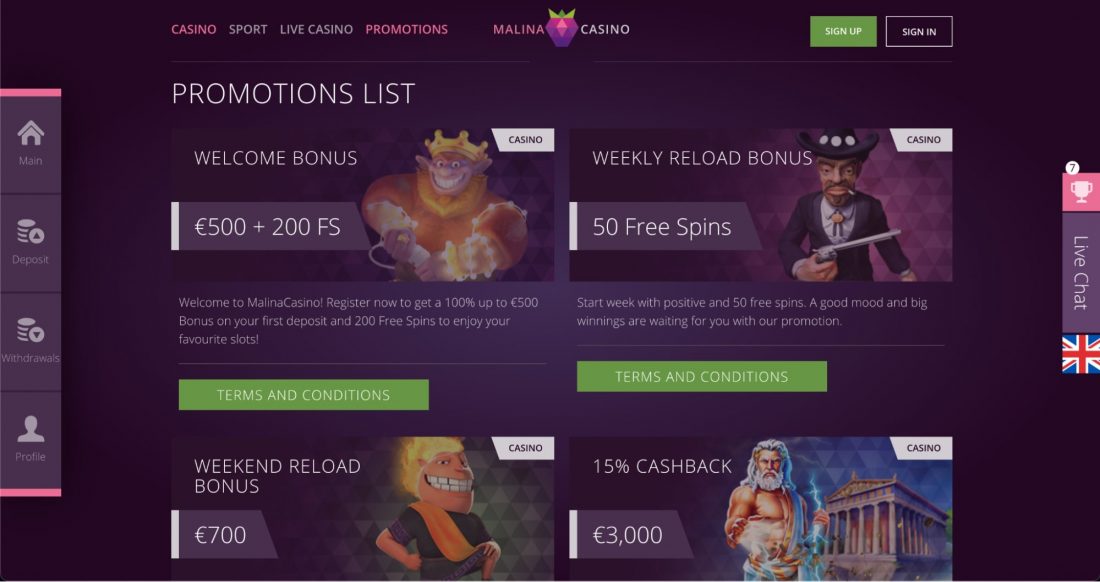 Bonusuri și promoții Malina Casino