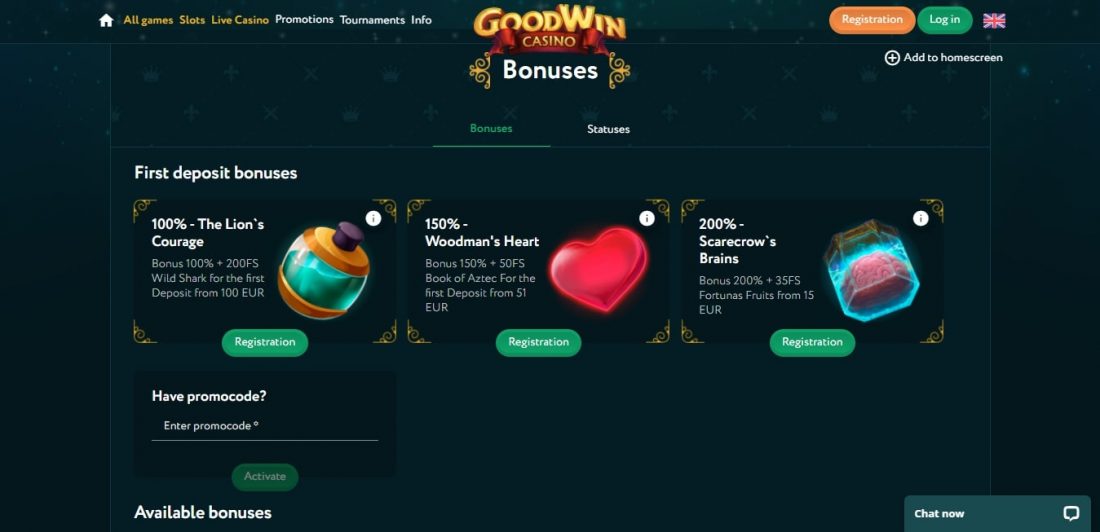 Goodwin Casino Welcome Bonus